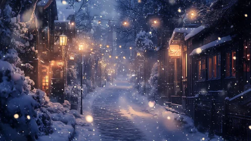 Snowlit village lane glows with lanterns and winter hush.