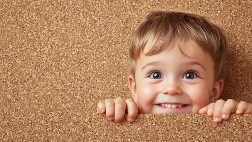 Toddler Peering Over Cork Surface with Smile