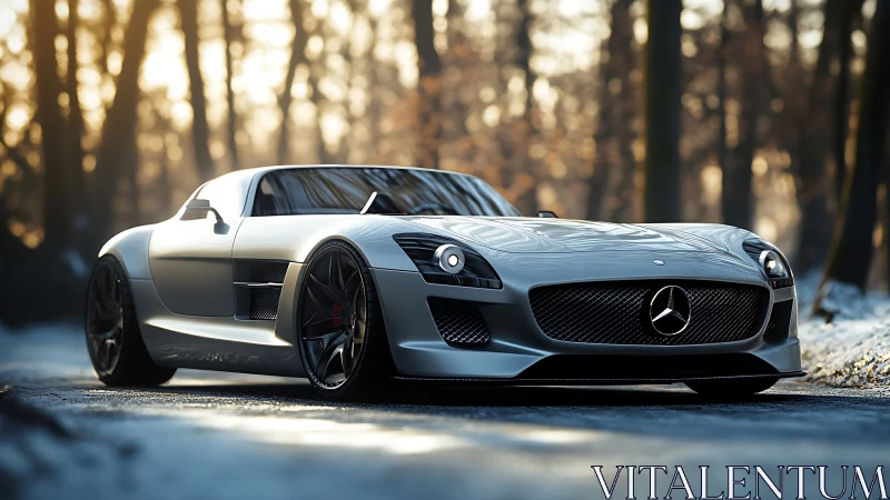 Silver supercar glides through a frosty forest road at dawn