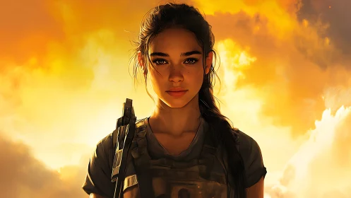 Sunlit tactical heroine in cinematic golden sky portrait.