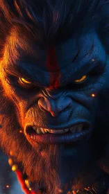 Feral blue warrior close-up lit by intense orange rimlight.