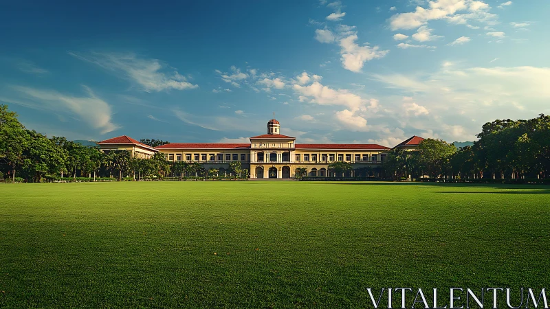 Symmetrical academic building behind expansive green lawn.