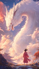 Skyward encounter with luminous white dragon guardian.