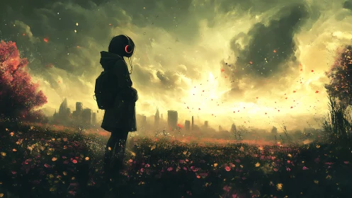 Solitary hooded figure facing illuminated urban skyline.