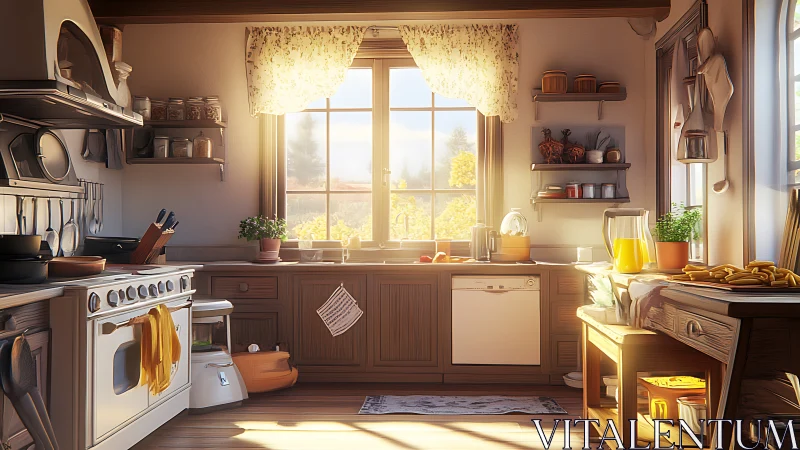 Sunlit country kitchen interior in warm digital painting style.