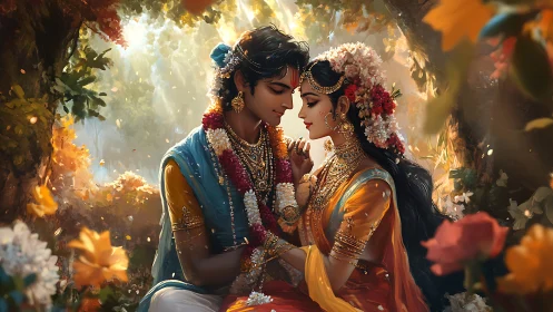 Digitally rendered figures in ornamental dress within botanical setting