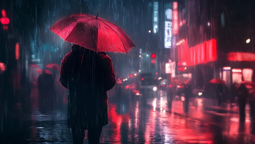Crimson umbrella glows softly in a rainy neon city night