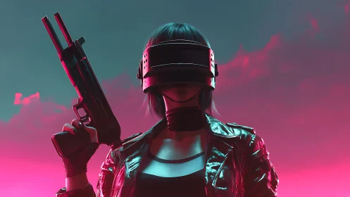 Cyberpunk vigilante stands under neon sky with shotgun ready.