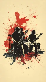 Silhouetted rock band with red and black splatter backdrop.
