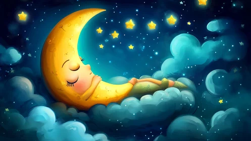 Sleeping crescent moon cradles dreams in painted starlight