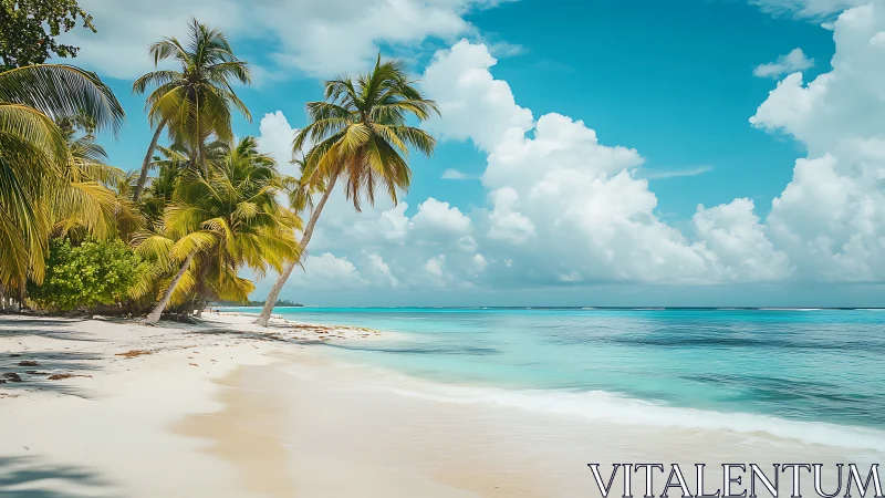 Tropical beach paradise with palm trees and turquoise waters.