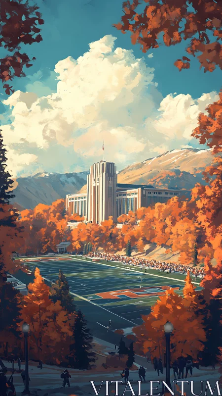 Sunlit campus stadium wrapped in cozy autumn color glow.
