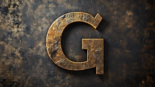 Large metallic letter G in rustic industrial style on textured wall.
