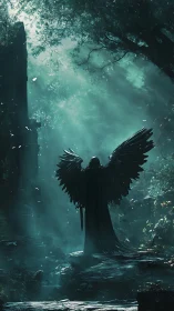 Shadowed angel gathers dawnlight in a mossy forest shrine