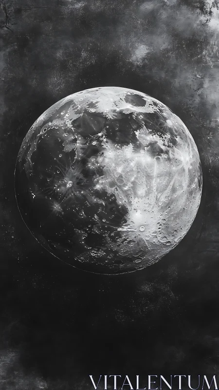 Detailed monochrome moon against dark textured space background.