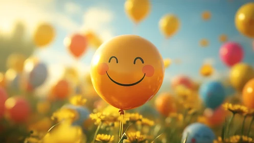 Smiling yellow balloon drifting over sunlit wildflower meadow.
