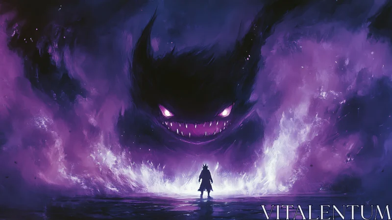 Silhouetted figure confronts colossal purple spectral entity