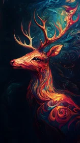 Luminous stag portrait in swirling neon chromatic currents.