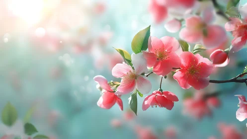Spring Blossoms Bloom Soft Pink Against Turquoise Light.