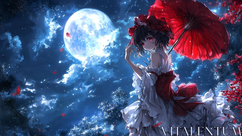 Lunar backlit anime figure with red parasol and spectral foliage.