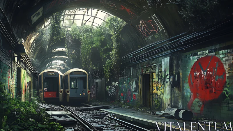 Abandoned graffiti subway tunnel with overgrown greenery.