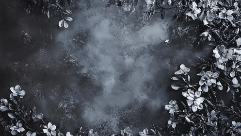 Dark floral arrangement with white blossoms on textured surface.