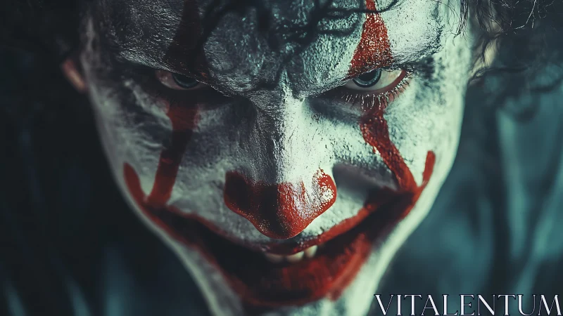 Close frontal view of person with smeared clown makeup.