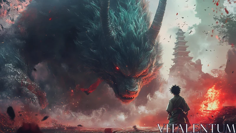 Lone warrior confronts colossal demon amid burning temple