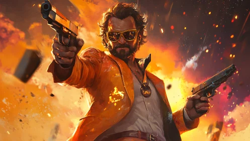 Male figure with dual pistols in orange suit amid explosion.