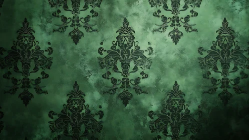 Baroque damask pattern on distressed emerald plaster wall.