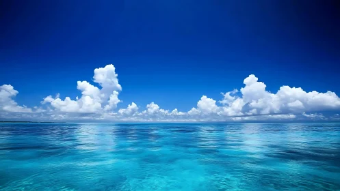 Calm tropical ocean reflects bright cumulus clouds and sky