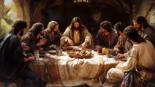 Sacred supper tableau with luminous central figure at table.