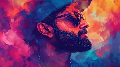 Vibrant bearded portrait gazes through neon colored clouds.