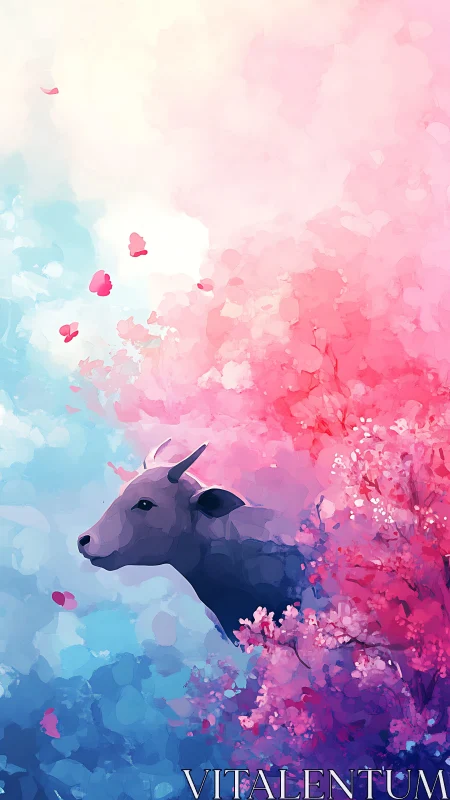 Pastel twilight lets a quiet cow drift through cherry clouds