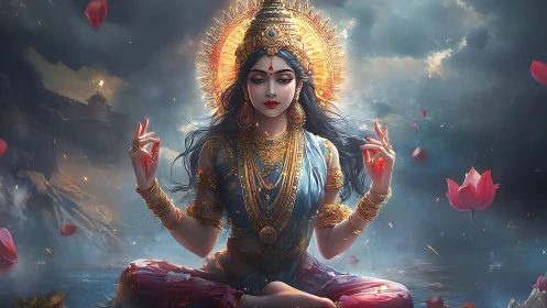 Divine goddess figure in lotus pose with glowing halo.