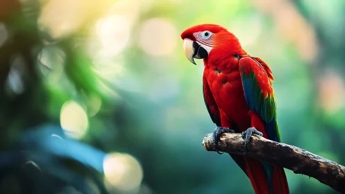 Vibrant Scarlet Macaw on Branch in Dreamy Nature Background.