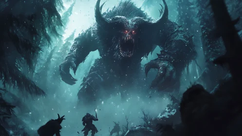 Midnight monster duel amid icy, enchanted winter forest.