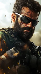 Battle ready soldier steadies his gaze amid flying embers