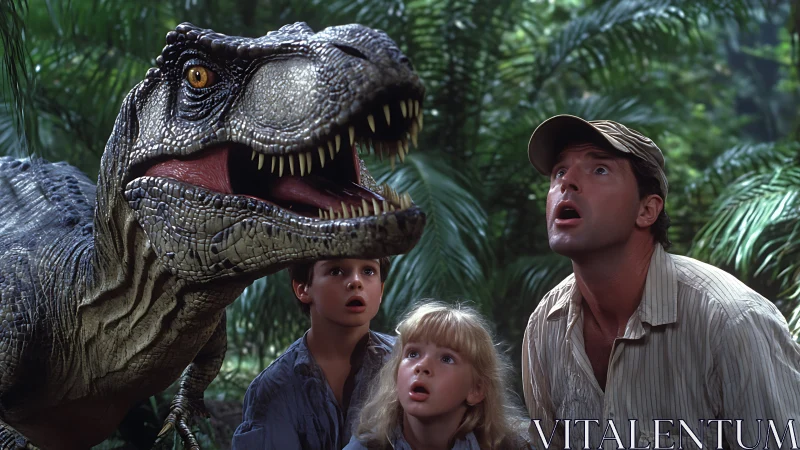 Human group observing large dinosaur in dense jungle setting.