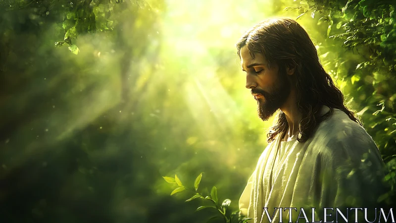 Profile view shows robed figure standing in dense green foliage