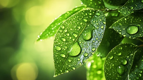 Green leaves show water droplets in sharp close-up detail