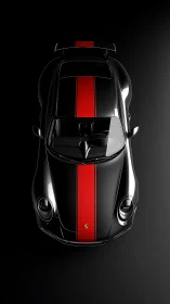 Black sports coupe top view with bold red center stripe.