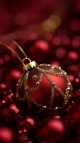 Crimson glass ornament with gold glitter filigree focus.