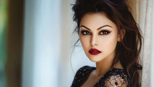 Striking woman gazes softly with bold makeup and sequined dress