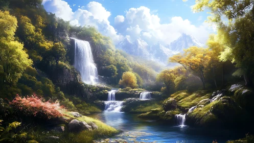 Cascade of daydream waterfalls in a luminous valley grove.