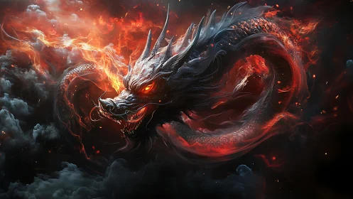 Fiery celestial dragon coils through storm-lit infernal clouds