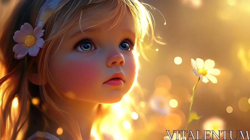 Child with Flowers in Golden Sunlight.