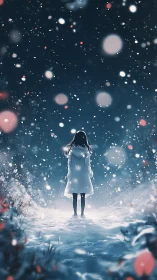 Anime nocturne snowfall with solitary figure under bokeh sky.