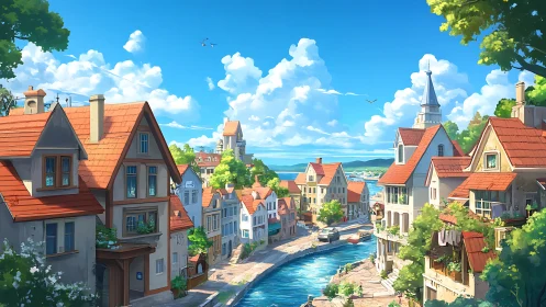 Canal passes through compact town with pitched roof houses