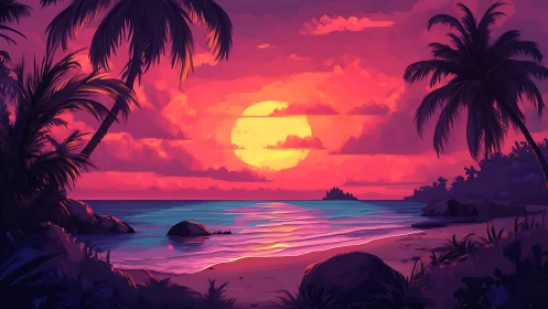 Neon tropical sunset glows over tranquil palm-framed shore.
